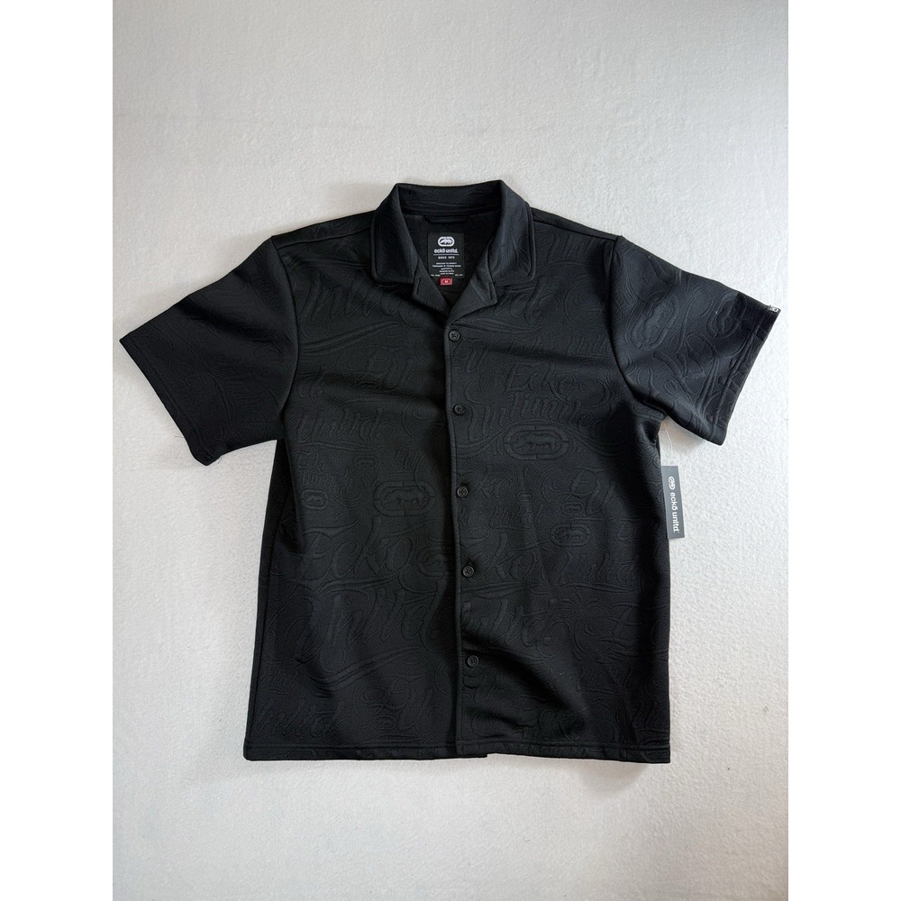 Ecko Unltd Short Sleeve Button Down Shirt Mens M Black Embossed Logo Camp NWT